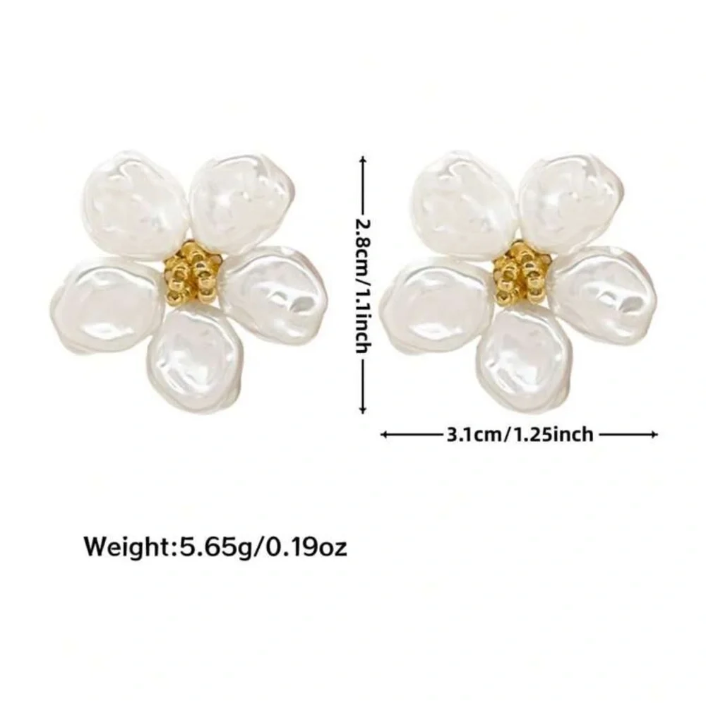 Gold and White pearl Flower Earrings with Crystal Accents - Picture 7 of 7
